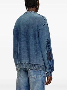 Diesel Faded Effect Knitted Jumper - Blue | Editorialist Distressed Crew Neck Sweater For Winter, Distressed Long Sleeve Cotton Sweater, Distressed Cotton Long Sleeve Sweater, Winter Distressed Crew Neck Sweater, Distressed Crew Neck Sweater For Streetwear, Distressed Crew Neck Winter Top, Distressed Crew Neck Tops For Winter, Casual Distressed Crew Neck Sweater, Winter Crew Neck Distressed Tops