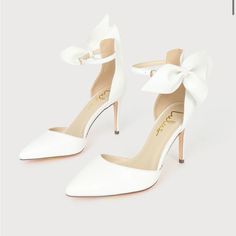 Lizaa White Bow Ankle Strap Pumps White Bow Heels, Beaufort Wedding, Pearl Wedding Shoes, Wedding High Heels, Closed Toe Heels, Bridal Heels, Bow Heels, Ankle Strap Pumps, Strap Pumps