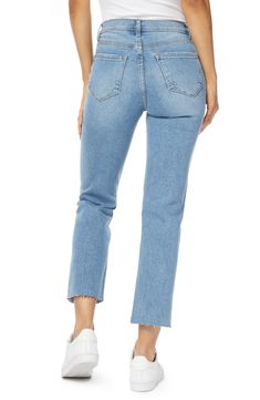 Styled with distressing at the knees and a raw hem, these high-rise jeans are fitted with a straight-leg silhouette for a casual everyday look. 8" rise, 27" inseam (size 26) Zip fly with button closure Five-pocket style High rise Raw hem 68% cotton, 28% polyester, 3% rayon, 1% spandex Machine wash, tumble dry Imported Model stats: 5'10", 32" bust, 25" waist, 36" hip. Model is wearing size 26. Distressed Mid-rise Cropped Jeans For Everyday, Trendy High Rise Medium Wash Cropped Jeans, High Rise Cropped Jeans With Frayed Hem, Medium Wash Straight Leg Cropped Jeans With Frayed Hem, Mid-rise Jeans With Frayed Hem In Medium Wash, Mid-rise Flare Jeans With Frayed Hem, Everyday High Waist Cropped Jeans With Frayed Hem, Medium Wash Straight Leg Jeans With Frayed Hem, Straight Leg Medium Wash Jeans With Frayed Hem