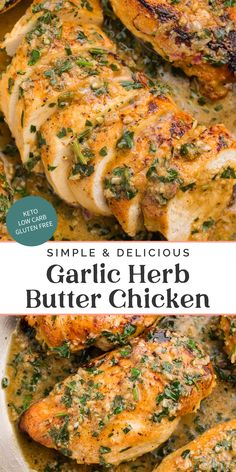 garlic herb butter chicken in a skillet with the title text overlay reads simple & delicious garlic herb butter chicken