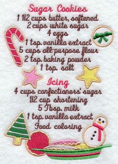 the recipe for sugar cookies is embroidered on a white towel with red and green trim