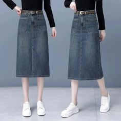 Olivia Mark - Premium High-Waisted Denim Skirt - Knee-Length Pencil Skirt with Flattering Hip-Hugging Silhouette Denim Skirt Knee Length, High Waisted Denim Skirt, Hugging Silhouette, Knee Length Skirt Pencil, Denim Midi Skirt, Types Of Skirts, High Waisted Denim, A Line Skirt, A Line Skirts