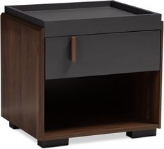 a black and brown nightstand with two drawers on one side, an open drawer on the other