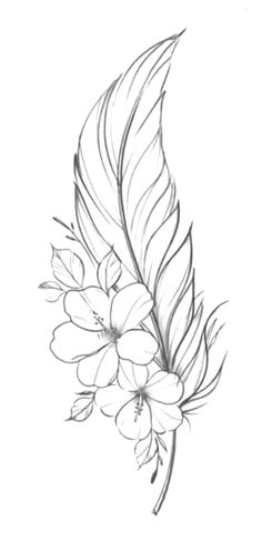 a drawing of a feather with flowers on it