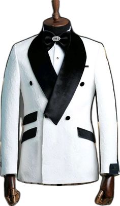 Black Fitted Tuxedo For Ceremony, White Notch Lapel Double Breasted Wedding Suit, White Double Breasted Notch Lapel Suit For Wedding, White Double Breasted Wedding Suit With Notch Lapel, Tailored Double Breasted Tuxedo Suit For Ceremony, White Double-breasted Suit With Notch Lapel For Wedding, Ceremony Tuxedo Blazer, Black Fitted Suit For Ceremonies, Fitted Tuxedo Blazer For Ceremony