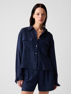 Soft linen over Linen Shirt Outfit, Blue Shirt Women, Vacation Clothes, Women Shirt Top, Linen Crops, Navy Linen, Inspo Board, Cropped Shirt, Linen Clothes