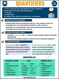 a poster with the words quantifiers and other things to describe in it