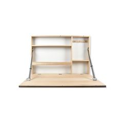 an empty wooden shelf with metal legs