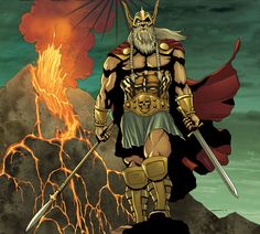 a man in armor standing on top of a mountain next to a fire and volcano