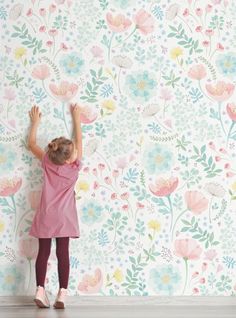 Whimsy Floral Watercolor Mural Wallpaper Coral Mint Peel and - Etsy Toddler Girl Bedroom Wallpaper, Nursery Butterfly, Whimsy Flowers, Toddler Nursery, Watercolor Mural, Girls Room Wallpaper, Pink And Purple Wallpaper, Peel And Stick Wall Mural, Girls Wallpaper