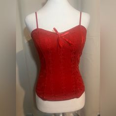 Red Lace Cami, With Adjustable Straps, Bra Top, Lined, With Gold Highlights. Excellent Condition. Never Worn. Fitted Red Camisole With Built-in Bra, Coquette Camisole Top For Night Out, Elegant Red Camisole Top, Red Tops With Built-in Bra For Spring, Coquette Fitted Sleeveless Tops, Red Cami Top For Party, Red Stretch Camisole For Party, Fitted Sleeveless Coquette Top, Coquette Style Sleeveless Fitted Top