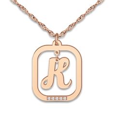 Sparkling round diamond accents embellish a cursive letter dangle of your choice in this chic openwork women's initial necklace. Fashioned in 14K rose gold, the pendant suspends from an 18-inch rope chain that secures with a spring ring clasp. Personalize with one uppercase initial. Rose Gold Initial Pendant Name Necklace, Rose Gold Charm Necklaces With Initial Pendant For Anniversary, Rose Gold Initial Pendant Necklace For Anniversary, Rose Gold Necklace With Initial Pendant For Anniversary, Rose Gold Initial Pendant Name Necklace For Anniversary, Rose Gold Name Necklace With Initial Pendant For Anniversary, Luxury Rose Gold Initial Pendant Necklace, Rose Gold Monogram Initial Pendant Jewelry, Rose Gold Diamond Initial Necklace For Anniversary