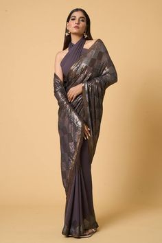 Charcoal saree with metallic sequin embroidery in diamond patterns. Comes with sequined unstitched blouse piece. - Aza Fashions Festive Silk Pre-draped Saree With Sequins, Celebration Pre-draped Saree With Sequins, Bollywood Sequined Pre-draped Saree In Art Silk, Party Wear Art Silk Saree With Sequins, Sequin Art Silk Saree For Party Wear, Navratri Sequin Art Silk Saree, Elegant Sequined Saree For Diwali, Festive Sequined Art Silk Saree, Elegant Diwali Saree With Sequins