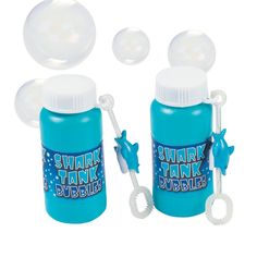 two blue water bottles with bubbles attached to the top and one is filled with soap