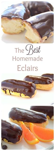 the best homemade eclairs with chocolate icing and orange slices on top are shown