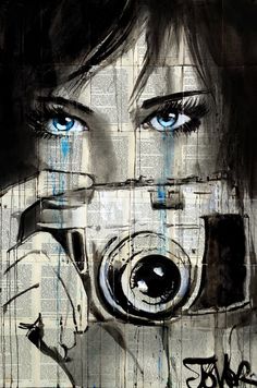 a woman's face with blue eyes and an old fashioned camera in front of her