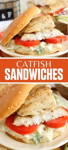 Collage of catfish sandwich at top and bottom. Catfish Sandwich, Seafood Sandwich, Tangy Slaw, Fish Sandwich Recipes, Crab Cake Sandwich, Fried Catfish, Fish Sandwich, Juicy Tomatoes, Delicious Sandwiches