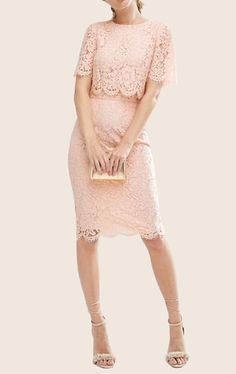 MACloth Two Piece Lace Pink Cocktail Dress Short Sleeves Midi Formal Gown Tea Length Cocktail Dresses, Tea Length Prom Dress, Cocktail Dress Short, Cocktail Dress Holiday, Chiffon Cocktail Dress, Red Homecoming Dresses, Pink Cocktail, Satin Cocktail Dress, Pink Cocktail Dress