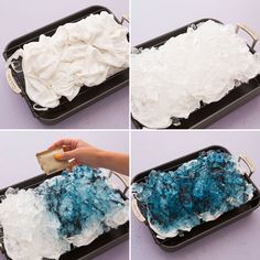 four pictures showing how to make blue and white meringue in a baking dish