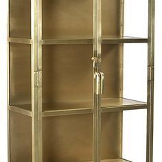 a metal bookcase with three shelves and two doors on the front, one door open