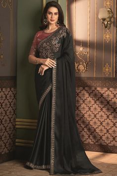 Black Color Gorgeous Border Work Art Silk Saree Engagement Saree, Reception Saree, Designer Sarees Online, Black Saree, Art Silk Sarees, Trendy Sarees, Traditional Fashion, Saree Look, Chiffon Saree