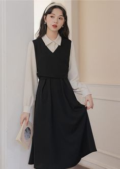 ❤︎Faux faux two-piece long slim dress❤︎ Two Peace Dress, Long Dress With Turtleneck Underneath, Long Black Party Dress, Fancy School Outfits, Long Slim Dress, Interview Clothes, Teacher Dress, Different Dress Styles, Cache Dress