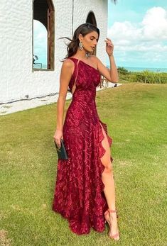 Elegant One Shoulder Red Lace Prom Evening Dresses with Slit sold by Vickidress on Storenvy Robes Glamour, Populaire Outfits, Prom Dress Inspiration, Cute Prom Dresses, فستان سهرة, Pretty Prom Dresses, Ținută Casual, Gala Dresses, Glam Dresses