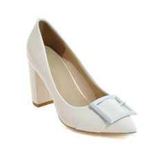 White Pointed Toe Block Heels For Office, White High Heel Block Heels For Work, White Almond Toe Heels With Buckle Closure, White Heels With Buckle Closure For Office, Trendy White Block Heels With Pointed Toe, White Trendy Block Heels With Pointed Toe, Trendy White Pointed Toe Block Heels, Square High Heels, Chunky Pumps