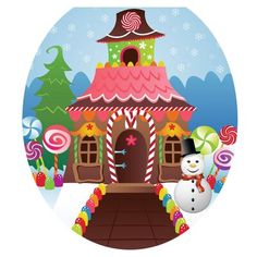 a snowman is standing in front of a gingerbread house with candy canes