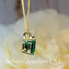 "The pendant pictured is lab created emerald #6259 Shown in 14k white gold and 14k yellow gold -Approximate total carat weight: approx. 2.10ctw diamond equivalent -Center Stone Size: 9x7mm - approx. 2.10ct diamond equivalent -Center Stone Shape: oval -Gem Type: lab created emerald -Stone Clarity: VS2 -Stone Color: green -Moh's Scale: 8.5 hardness -Metal Type and Purity: 14k yellow gold -Setting: 4 prong basket head -Chain: delicate 14k gold chain / heavier option with lobster claw available (use May Birthstone Diamond Jewelry Stamped 14k, Round Emerald Necklace With Diamond Cut, Emerald Cut Diamond Emerald Necklace For Anniversary, 14k Gold Emerald Birthstone Necklace For Anniversary, Gift Emerald Diamond Necklace, Round Diamond Cut Emerald Necklace, Anniversary Emerald Necklace With Diamond Cut, Gift Emerald Necklace With Diamonds, Gold Emerald Jewelry For Anniversary