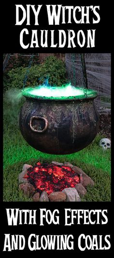 an outdoor fire pit with glowing coals in it and the words diy witch's cauldron