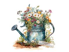 a watering can filled with flowers next to a sign