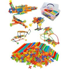 many different types of toys are shown in this image, including plastic beads and wooden pegs