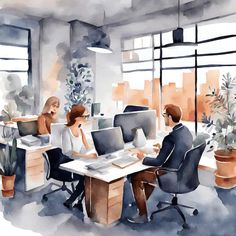 watercolor painting of two people working at desks in an office with plant pots