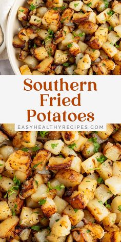 a white bowl filled with fried potatoes and garnished with parsley