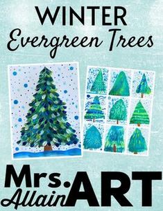 the book cover for winter evergreen trees by mrs allain art, with pictures of christmas trees and snowflakes