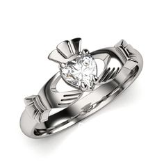 Half Carat Lab-Created Diamond - 14K WHITE Gold Claddagh Ring <font color=#FF0000> IN STOCK!  Ships in 48 Hours!</font> - CladdaghRING.com White Hallmarked Diamond Promise Ring, White Diamond Promise Ring Hallmarked, White 14k Gold Diamond Ring Hallmarked, Classic White Heart Promise Ring, White Heart-shaped Rings For Formal Occasions, White Heart Shaped Formal Rings, White Classic Heart Ring For Anniversary, White Heart Ring For Formal Occasions, Formal White Heart-shaped Ring