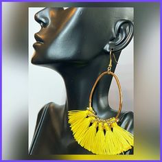 New! Same Day Or Next Business Day Shipping On All Orders Swipe Or Scroll To Observe Visual Measurements Amongst Additional Photos. Beautifully Crafted, Medium Hoop, Yellow Thread Tassel Earrings. 4” (Inches) Long Pic With $0.25 / Quarter So As To Indicate Size. Gold Tone Hardware. Cocktail Jewelry | Drop Earrings | Boho | Bohemian | Chandelier | Ear | Elegant | Pretty | Party | Date | Formal | Semi-Formal | Special Occasion | Statement Accessory Trendy Yellow Party Earrings, Gold Tassel Drop Earrings For Spring, Gold Dangle Tassel Earrings For Spring, Gold Tassel Earrings For Spring Gift, Gold Teardrop Hoop Earrings For Summer, Yellow Jewelry With Ear Wire For Party, Party Jewelry With Yellow Ear Wire, Adjustable Yellow Bohemian Tassel Earrings, Trendy Yellow Drop Earrings