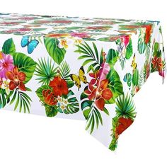 a white table with colorful flowers and butterflies on it