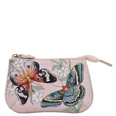 Anuschka Medium Zip Pouch with Butterfly Melody painting Coin Purse With Key Clip For Gift, Pouch Bag With Key Clip For Gift, Pouch Bag With Key Clip As Gift, Pink Leather Coin Purse For Gift, Pink Leather Coin Purse As Gift, Coin Purse With Key Clip As Gift, Gift Coin Purse With Key Clip, Gift Pouch With Interior Key Chain Holder, Painted Leather Bag