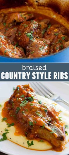 two pictures with different types of food in them and the words, braised country style ribs