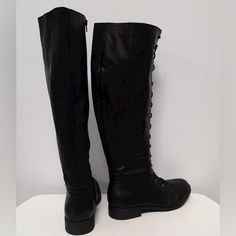 Torrid Black Vegan Leather Knee High Black Boots Lace Up Front And Side Zipper On The Inside. Size 11w These Are Designed Especially For Plus Sized People Or Those With A Big Calf. These Not Only Have A Stretchy Panel In The Back But Are Very Generously Proportioned. Goth Punk Style Like A Pirate Costume For Halloween Or Renfair. Combat Boots Or Moto Boots Style. Note- Pleather. Didn’t Fit Me And Never Worn Out. Measurements On Request. Knee High Black Boots, High Black Boots, Big Calves, Costume For Halloween, Black Knee High Boots, Boots Style, Plus Sized, Goth Punk, Pirate Costume