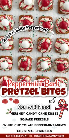 A pin graphic for pretzel bites with peppermint candy cane kisses. One picture with a text box in the middle with the title of the recipe and a list of ingredients needed. Easy Christmas Treat, Peppermint White Chocolate, Peppermint Pretzel, Christmas Pretzels, Easy Christmas Candy Recipes, Pretzel Treats, Christmas Sweet Treats, Peppermint White, Easy Christmas Treats