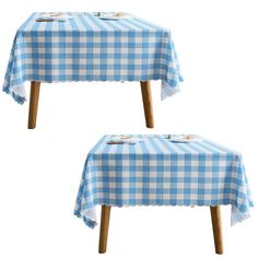 two blue and white checkered tablecloths with wooden legs