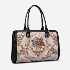 Floral Cream Business Tote side front Large Travel Bag, Work Tote Bag, Burnout Velvet, Mens Travel, Carpet Bag, Mens Travel Bag, Work Tote, Leather Accents, Work Bags