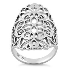 Sterling Silver Filigree Floral Ring Elegant Sterling Silver Engraved Open Band Ring, Elegant Engraved Sterling Silver Stackable Rings, Classic Silver Filigree Ring With Polished Finish, Sterling Silver Rings With Classic Design, Classic Sterling Silver Rings In Silver, Classic Design Silver Rings In Sterling Silver, Elegant Silver Engraved Ring With Open Band, Sterling Silver Filigree Ring With Polished Finish, Formal Sterling Silver Filigree Ring With Polished Finish