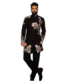 PRODUCT DETAILS:- Featuring hand-embroidery with heavy thread work on a simple bandhgala indo-western, this  black Italian fabric Indo-Western jacket is a striking piece. Paired with a matching black Italian pant/trousers with inner buttons, this set exudes luxury and style. Ideal for formal occasions and wedding occasions, style this jacket with a matching trouser and polished black shoes. Accessorize with a silky pocket square or cuff links to enhance its sophisticated appeal. FEATURES:- Color: Black Fabric: ITALIAN IMPORTED Design Type: Hand Embroidery by our artisan (one garment make in 2 days for work) Embroidery: Embroidery Items Included: Indo-Western , Pant , Pocket Square  Wash Care: Dry Clean Only Black Hand Embroidery, Embroidery Items, Western Jacket, Indo Western, Black Hand, Thread Work, Italian Fabric, Cuff Links, Pocket Square