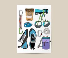 a poster with various items that include shoes, backpacks and other things on it