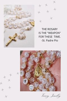 Baptism gift for baby girl and boy
•Catholic rosary beads wedding
•First communion keepsake
•Caphlet rosary
•Virgin Mary with rosary beads

Personalized Rosary beads handcrafted with genuine cracked clear quartz and adorned with golden letters on lustrous mother of pearl beads, of which each letter is also handmade with love and care. The delicate and sturdy wire wrapping in 18k gold plated stainless steel adds a traditional note and a touch of elegance to this rosary, making it perfect gift for Baptisms, First Communions, and other important occasions. These rosary beads are a thoughtful and meaningful present for girls and baby boys alike. Celebrate their faith with a truly one-of-a-kind treasure they will cherish for years to come. Gold Round Beads Rosary As Gift, Gold Rosary With Round Beads As Gift, Gift Rosary With 8mm Round Beads, Rosary With 8mm Round Beads As Gift, 8mm Round Bead Rosary As Gift, Clear Round Beads Jewelry For Gifts, Mother's Day Spiritual Rosary, Clear Round Beads Jewelry Gift, Adjustable Round Rosary As Gift