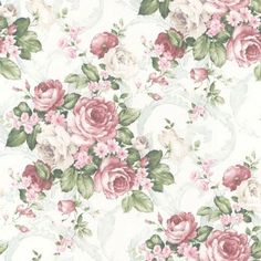 a floral wallpaper with pink roses and green leaves on the bottom half of it